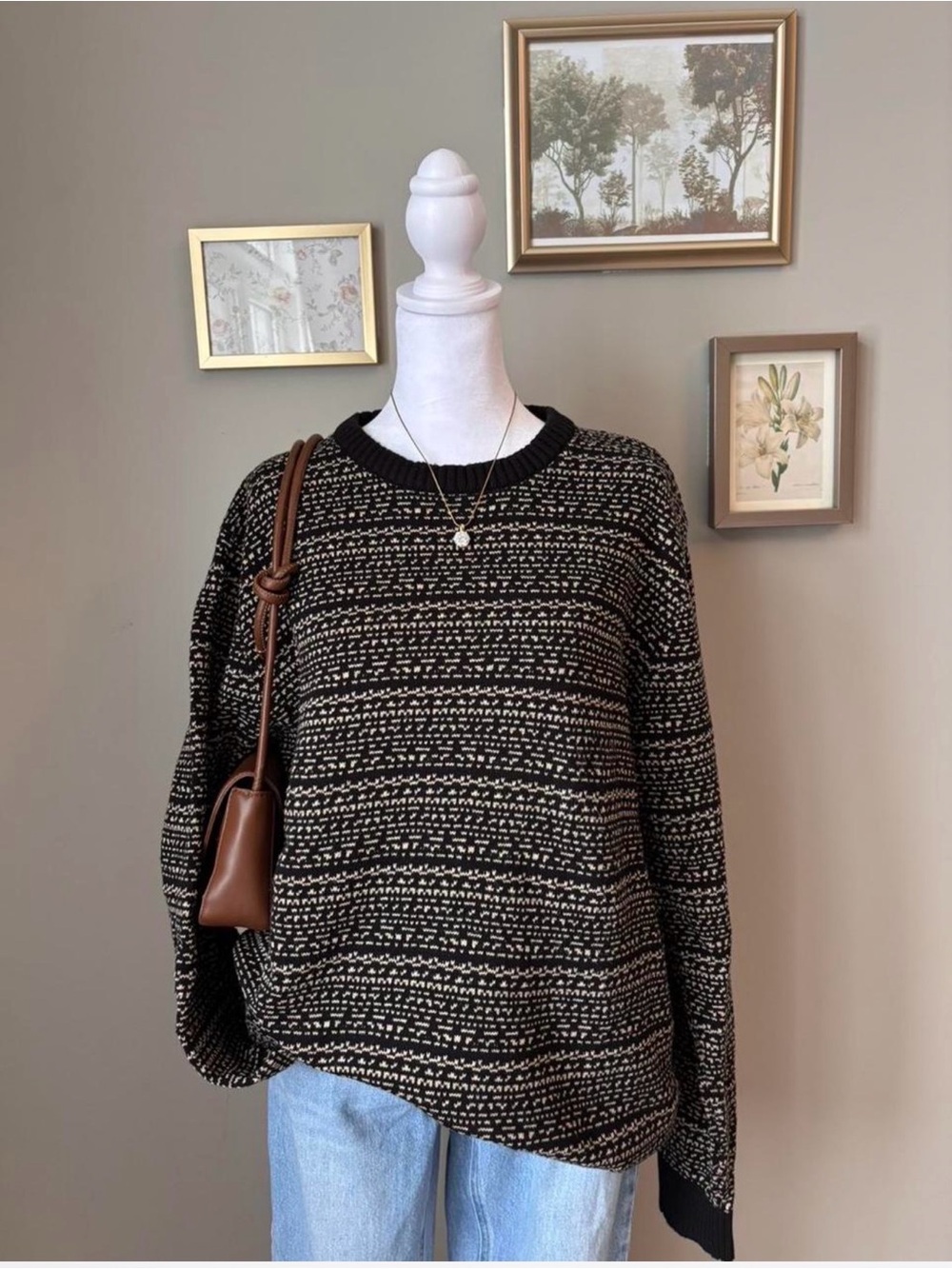 Men's Neutral Vintage Grandpa Striped Crewneck Sweater